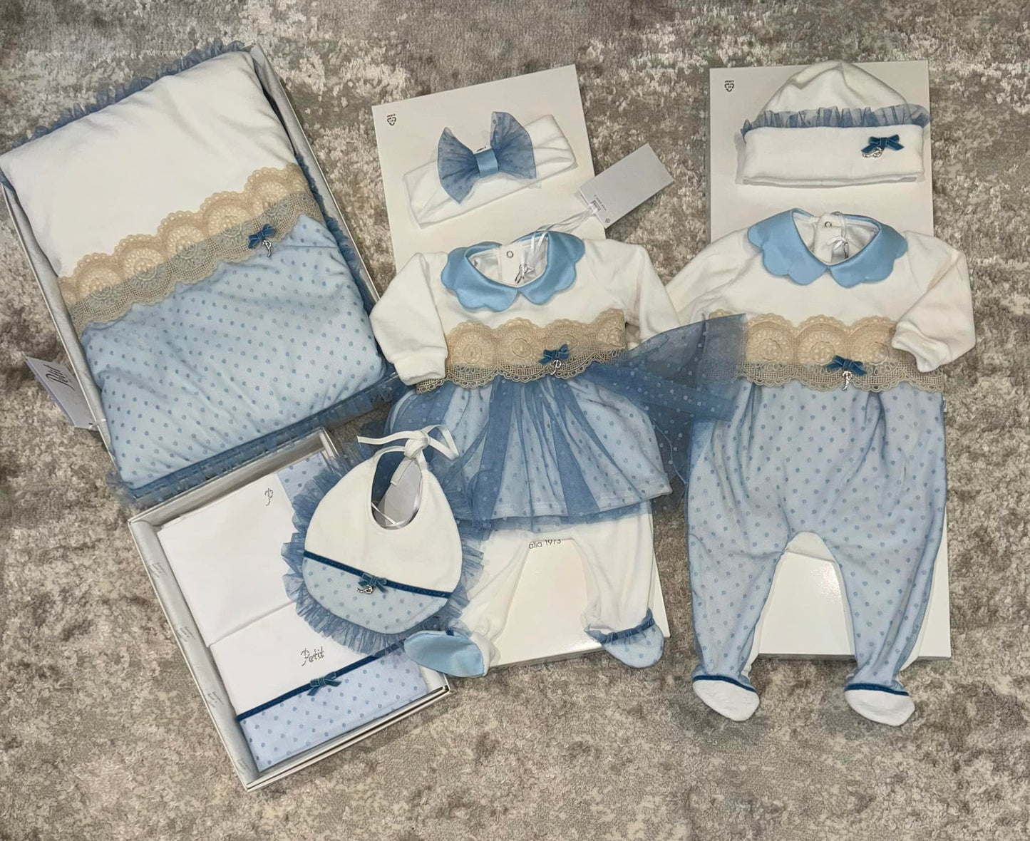 Petit Italia Layette Set Blue Swiss dot