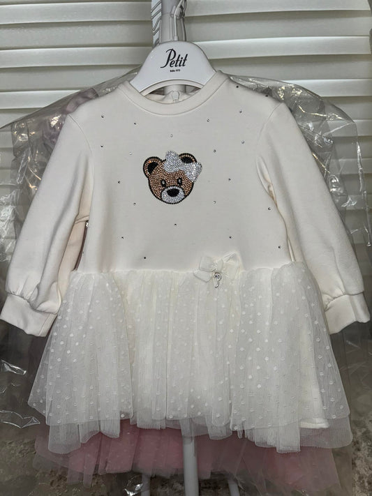 Petit Italia Dress Ivory Teddy Bear