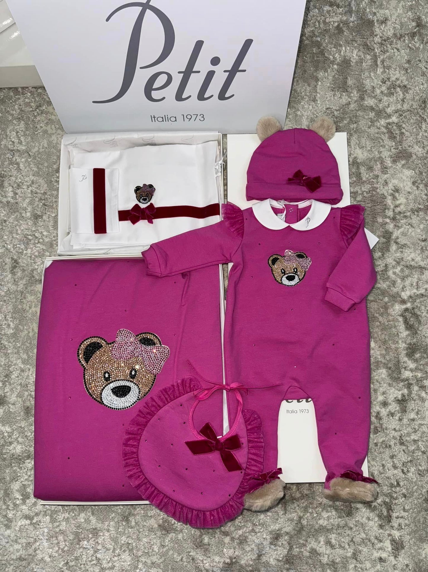 Petit Italia Layette Set Fuschia Pink Teddy Bear