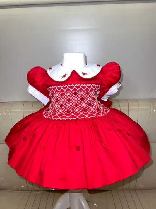 Red and White Smocked Dress